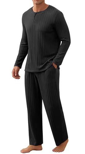 Pyjama homme manches longues côtelé 2 pièces avec pantalon large tailles S-2XL