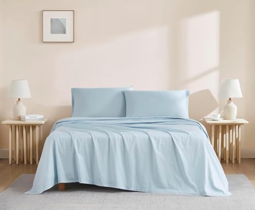 Image of Linen Closet 100% Organic Cotton King Size Sheets Set, 4 Pcs, Light Blue - Percale Bed Sheets & Pillowcases Set - Up To 16 inch Deep Pocket Fitted Sheet - Cooling, Crisp & Breathable - For Hot Sleepers