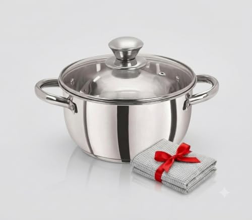 Image of Stainless Steel with Toughen Glass Lid Handi Set /Dutch Oven Induction & Gas Stove Friendly Cook and Serve Handi Set with Toughen Glass Lids with Dishwashing Rag Free