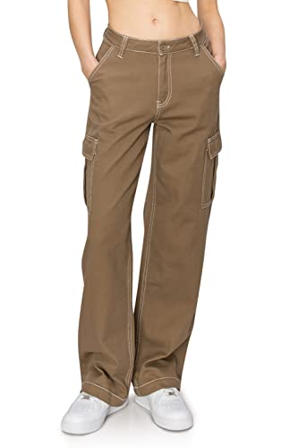 Cali1850 Women’s Straight Leg Cargo Pants - High Waisted Contrast Stitch Twill Fabric Casual Multi Pockets Trousers 51860-TWL71 LTBWN 1