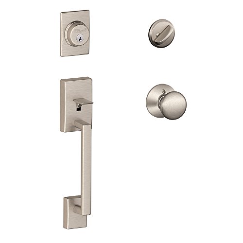 Image of SCHLAGE F60 CEN 619 Century Single Cylinder Handleset and Plymouth Knob, Satin Nickel | Front door handleset with deadbolt & interior knob, Easy install, Universal fit, Certified security & durability, 2 keys