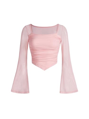 Floerns Girls Bell Long Sleeve Square Neck Asymmetrical Hem Mesh Ruched Crop Tops Tees