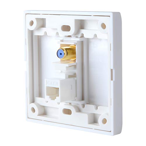 F Type Coaxial Connector Ethernet Network Faceplate Wall Plate Dual 2 Port Combo - Video Coax F Connector with Cat5e Cat6 RJ45 Jack Socket Wiring Plug Decorative Cover Outlet Mount Panel