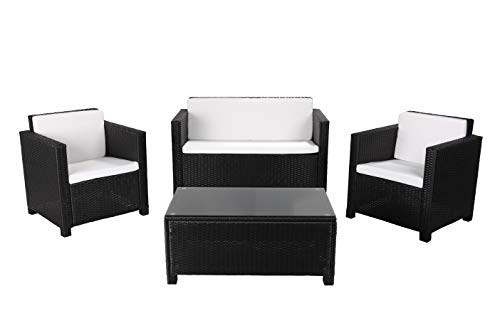MATIRA - Muebles de Jardín de Resina Trenzada - 2 Sillones, 1 Sofá, 1 Mesa Baja Rectangular 90x50 cm - Cojines de Asiento y de Respaldo Mullidos - Resistente a la Intemperie - 4 plazas - Negro Beige