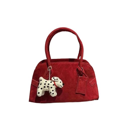 Suede Purse Red Cute Suede Bag Soft Satchel Purse for Women Cute Bowler Handbag with Dog Charm Top Handle Shoulder Bags 2025
