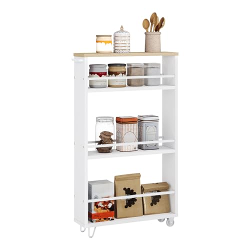 WOLTU Carrito de Cocina con 3 Niveles, Carro Auxiliar Cocina con Ruedas, Estanteria Estrecha de Almacenamje de Cocina en Madera y Metal, con Frenos y Asa, 47x13x80 cm, Blanco+Roble Claro