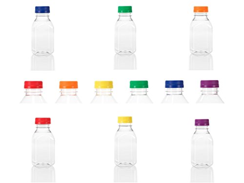 (6) 8 oz. Clear Food Grade Square Plastic Juice Bottles with 6 Different Colored Tamper Evident Caps 6 Pack