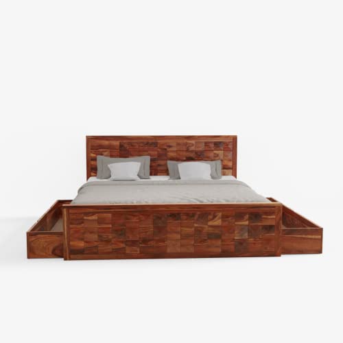 Image of Wooden King Size Bed for Bedroom | Solid Wood Double Bed Cot Bed with 2 Drawer Side Storage | Sheesham Wood, Honey Finish
