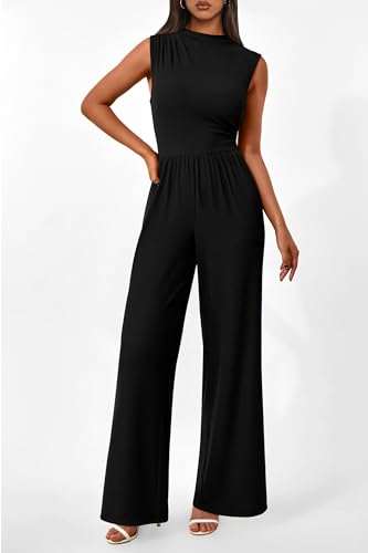Image of PRETTYGARDEN Women's Summer Dressy Casual Jumpsuits | Cozy Ribbed Fabric, Sleeveless Mock Neck, Back Zipper, Pockets, Wide Leg Pants Rompers, Fashion Clothing, One Piece Outfits