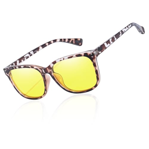 TJUTR Occhiali da guida notturna da donna polarizzati antiriflesso gialli per visione notturna riducono i fari abbaglianti occhiali quadrati, A03 Bianco Toristeshell/Giallo Lente Visione Notturna