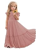 JISISANG Flowy Flutter Sleeves Lace Embellished Flower Girl Dress Boho Chiffon A-Line Long First Communion Dress Ruched Wedding Birthday Dress Dusty Rose 08