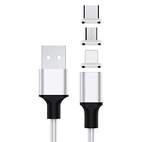 Mantis(マンティス) 3in1 充電ケーブル マグネット式 【進化版54001専用】3A急速充電 高速データ転送 マグネットケーブル Lightning Android Type-C 1m 磁気吸収データライン【24ケ月保証】(シルバー-54001)