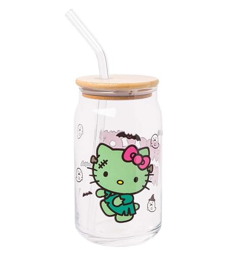Silver Buffalo Sanrio Hello Kitty Halloween Spooky Frankenstein Glass Jar Tumbler with Bamboo Lid and Glass Straw, 16 ounces