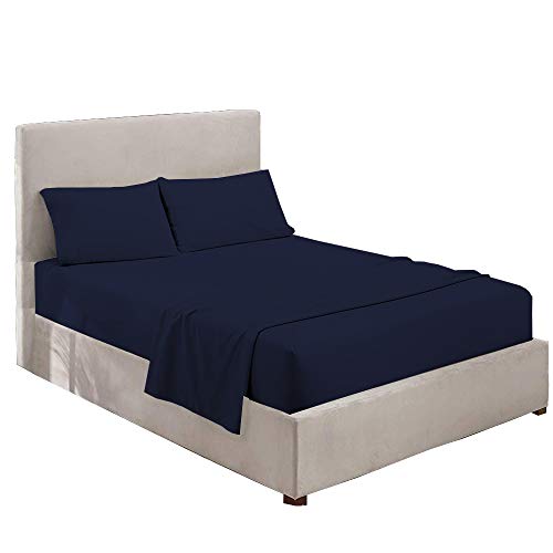 4 Piece Attached Fitted Sheet 100% Cotton Waterbed Sheets (15 Inch Deep) Breathable 500-Thread-Count Ultra Soft Rich Egyptian Cotton (King Waterbed: 72" x 84", Navy Blue Solid) - Thumbnail 3