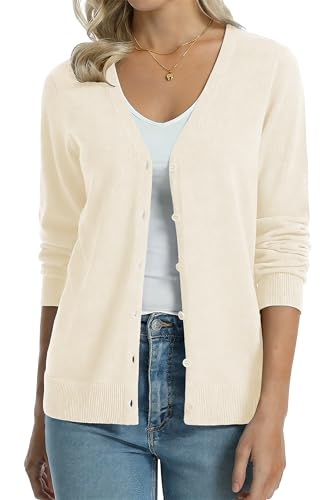 Image of QUALFORT Women's 100% Cotton Lightweight Cardigans Long Sleeve Knitted Button Down Sweater