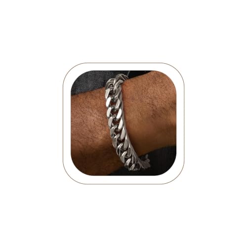 FaithHeart Mens Stainless Steel Cuban Link Bracelet, Tarnish Resistant | 6/8/12/17mm Silver/Black/Gold Sturdy Hip Hop Wrist Chain Bracelets Daily Wear with Gift Box, 7.5"/8.3"/9.1" Length