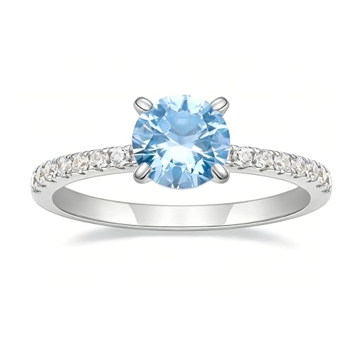 SHINYSO 1.25CT Engagement Rings for Women Created Blue Aquamarine Round Cut Solitaire CZ Wedding Band Promise Ring for Her Size 5-10 (Brass Size 5)
