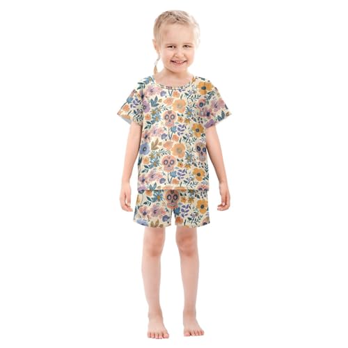 ALAZA Cartoon Sugar Skull Blossom Leaf Pajamas Short Sleeve 2 Piece Sleepwear Top and Bottom Pajama Set Unisex3