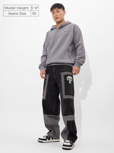 Image of The Souled Store Punisher: Charcoal Denim Men and Boys Buttoned Grey Printed Cotton Super Baggy Fit Jeans