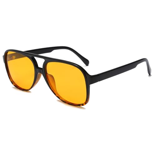 Long Keeper Gafas de Sol Piloto Polarizadas para Mujer Hombre Retro Clásico Doble Puentes Gafas de Sol Grandes Cuadradas Años 70 Protección UV400 (Negro Leopardo Montura - Amarilla Lente)