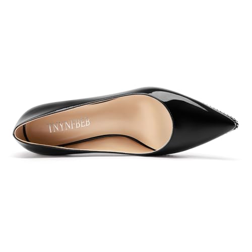 Image of TNYNFBEB Womens Mid Kitten Heel Pointed Toe Pumps Slip-on Silver Beaded Prom Party Dress Patent Leather 2.6 Inches Heels