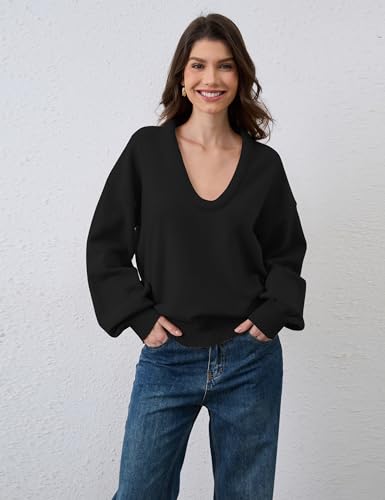 Livtany Women’s Oversized Ribbed Deep V Neck Sweater Long Sleeve Drop Shoulder Pullover Top Casual 2025 Trendy Fall Clothing2