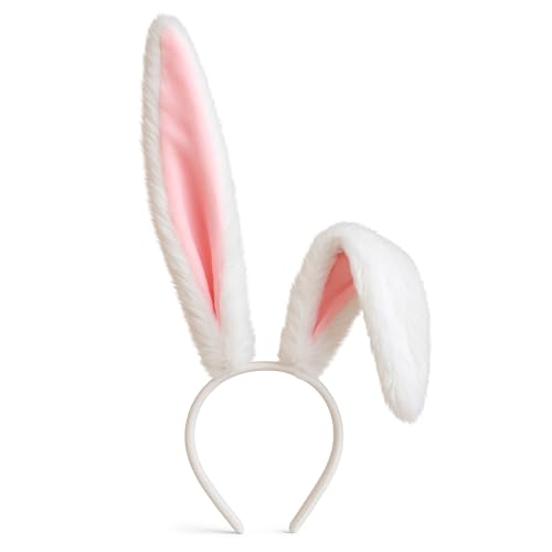 MUNSKT 1PCS Diadème à Oreilles de Lapin Blanc & Rose - Hauteur 14cm, Oreilles 22cm, Accessoire de...