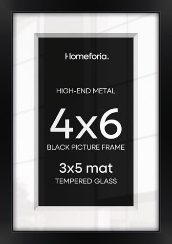 Image of Homeforia 4x6 Black Picture Frame, High-End Metal, 3x5 Mat, Glass | High End Aluminum, Tempered Glass, Acid-Free 3x5 Removable Mat, 4x6 in Edge-to-Edge Display 6x4, Wall Kit, Set Of 4