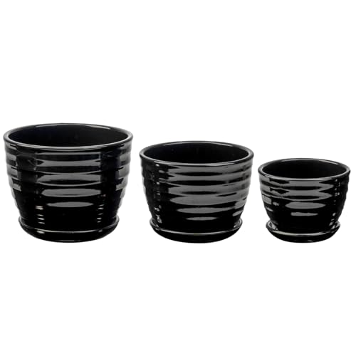 MyGift Modern Ribbed Black Ceramic Small Planters for Houseplant Flower Succulent Herb, Indoor Home Garden Plant Pot with Drainage Hole and Attached Saucer, Set of 3