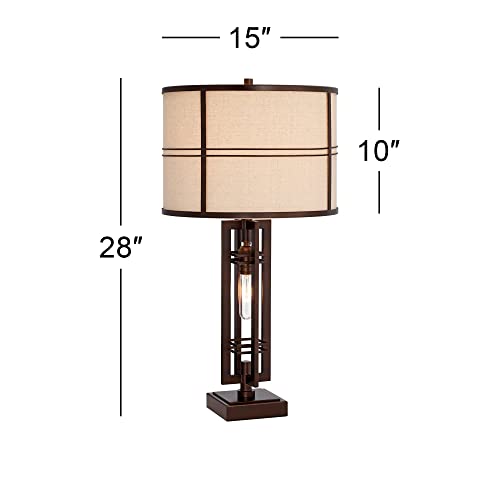Franklin Iron Works Elias Rustic Farmhouse Industrial Table Lamp With Table Top Dimmer And Nightlight 28" Tall Oil-Rubbed Bronze Metal Oatmeal Fabric Drum Shade Living Room Bedroom House Bedside #TOP3