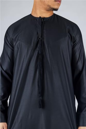 Men's Thobe Emirati Omani Jubba Islamic Clothing Muslim Kaftan Eid Robe String Tassel|Black3