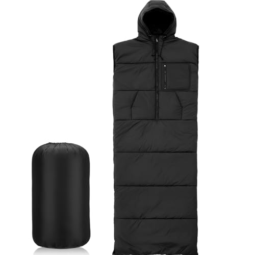 Macarrie Wearable Sleeping Bag for Adults with Sleeves and Hood, 74 Inch Long 0 Degree Cold Weather Insulated Weather Sleeping Bag for Extreme Cold Camping Hiking Stadium (Black)