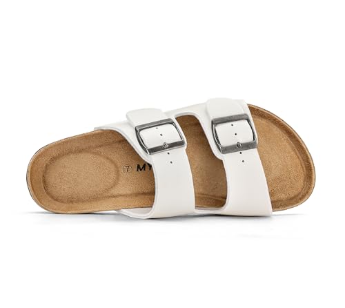 Image of mysoft Womens Flat Sandals Cork Footbed Slides with 2 Straps | Adjustable Buckle Slip On Comfortable Casual Light Weight Summer sandals