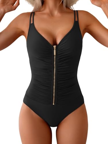 Eomenie One Piece Swimsuit for Women Zip Front Tummy Control Bathing Suit Ruched Slimming Swimwear Double Straps Swim Suit