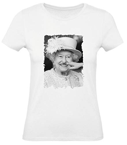  T-Shirt Donna Cotone Basic Super vestibilità Top qualità - Regina Elisabetta Mustache - Divertente Humor Made in Italy (Bianco, XL)