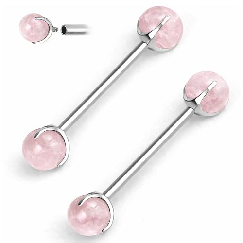 TRBR 14G Titanium Gemstone Nipple Piercing Jewelry, Genuine Natural Stone Nipple Rings G23 Titanium for Women and Men, Silver Nipple Barbells, 14 Gauge A Pair (Rose, 14G-14mm)