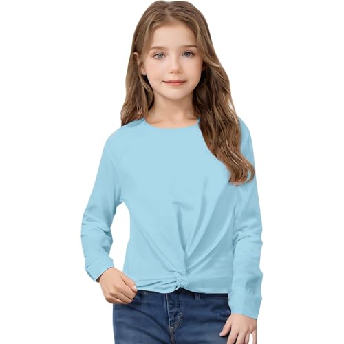 DDAPJ pyju Girls Long Sleeve Shirts Twist Knot Front Crop Tops Crewneck T-Shirts Loose Casual Tee Shirt Kids Fall Clothes3