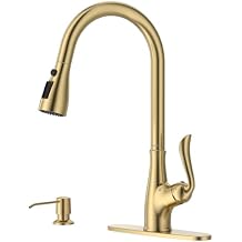 APPASO Brushed Gold Kitchen Faucet, 4 Hole Kitchen Faucet with Soap Dispenser, 3 Modes Single-Handle Kitchen Sink Faucets, Faucet for Kitchen Sink with Pull-Out Hose