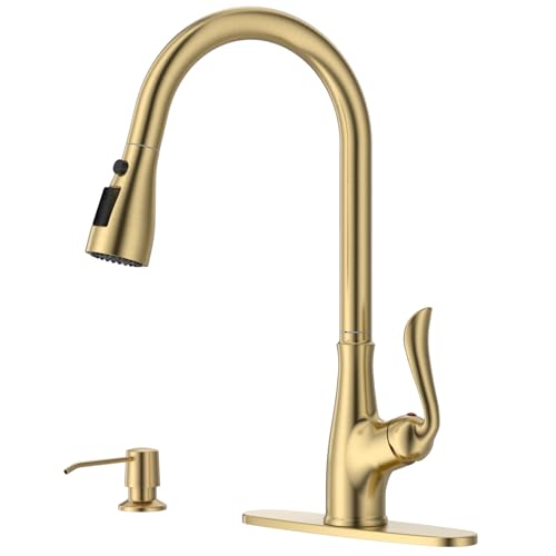APPASO Brushed Gold Kitchen Faucet, 4 Hole Kitchen Faucet with Soap Dispenser, 3 Modes Single-Handle Kitchen Sink Faucets, Faucet for Kitchen Sink with Pull-Out Hose by APPASO - Used condition - US$30.75