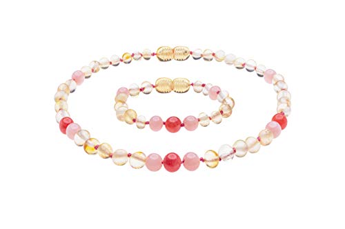 Genuine Amber Necklace and Bracelet from Baltic Sea Made with Polished Lemon Pink and Red Jade 34 cm (13.4 & 5.9 Inches)