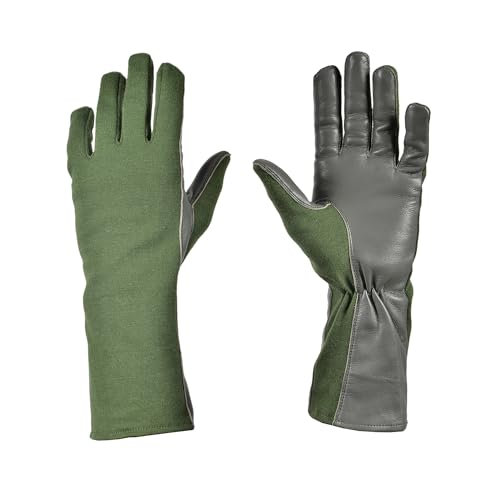 Nomex Flight Gloves - Leather Glove - Aviator Pilot Gloves - Olive Green Flyer Long Gloves - For Multi-Purpose Work Green, 10