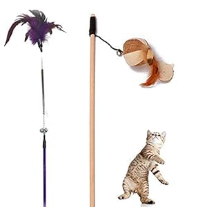 PSK PET MART Cat Teaser 2 Playing Stick – |Feather Sound Hedgehog Stick | Wooden Jute Mice Stick Cat Teasing Stick Kitten Toys (Combo of 2)