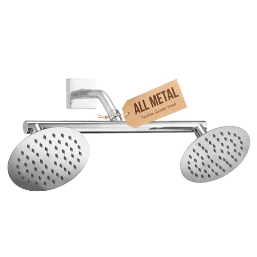 G-Promise All Metal Double Shower Head Built-in Water Flow Control Shut-Off Valve, High Pressure Tandem Shower Head Prepare for Couples Walk-in Bathroom or Small Space Bathroom (Chrome)