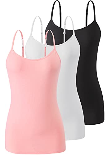 Air Curvey 3 Pack Camisole Tops for Women Built in Bra Adjustable Spaghetti Strap Soft Cotton Undershirt Tanks Seamless Layering Tops Black Whte Pink M