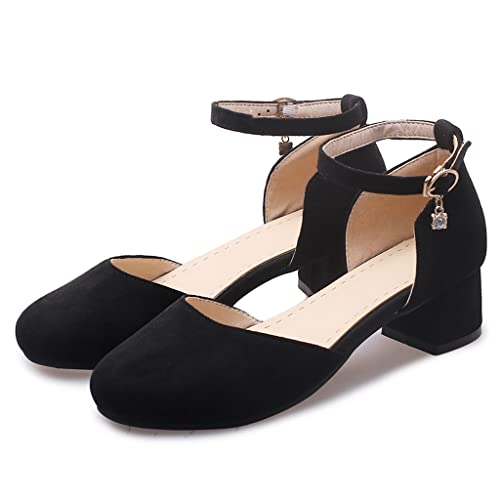 ZSQBQ Women Round Toe Pumps Office Work Dress Ankle Strap Buckle Chunky Heel Shoes2