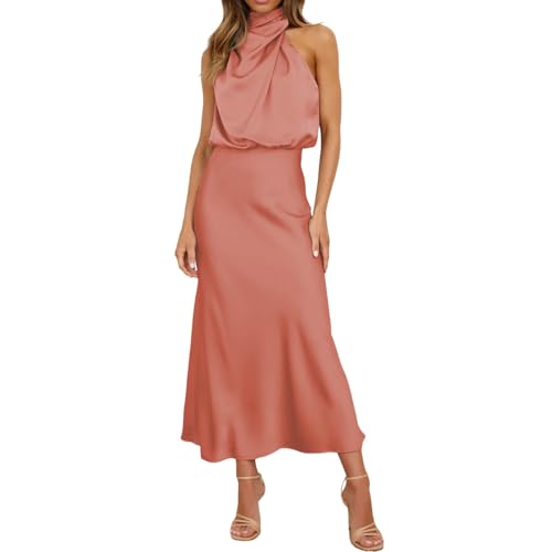 Generisch Vestido largo de satén formal para mujer de verano, con cuello alto, sin mangas, abertura lateral, vestido largo de tanque, vestido de carnaval, Rosa claro., M