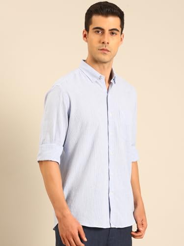 Image of Linen Club Men's Linen Rich Light Checked Contemporary Fit Full Sleeve Casual Shirt
