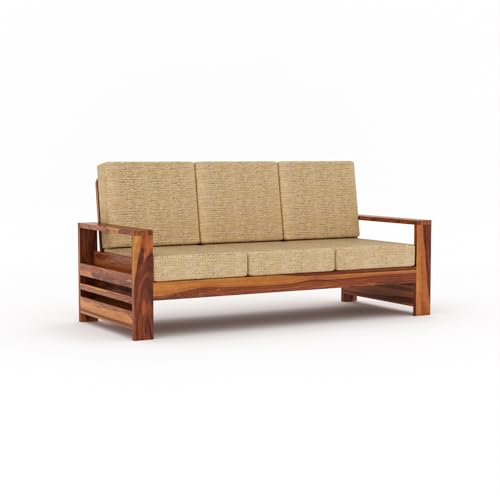 Image of Sheesham Wooden 3 Seater Sofa for Living Room | Rosewood 3 Seater Cushion Sofa with Side Rack | Solid Wood Sofa Set for Lounge (3 Seater,Honey)