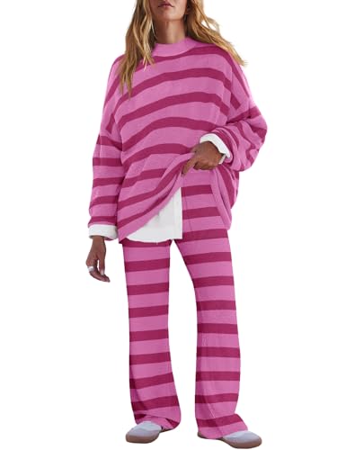 Image of LAMISSCHE Oversized Womens Lounge Set Striped Sweater Set Long Sleeve 2 Piece Pajama Set Top and Pants with Pockets