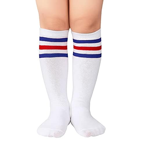 Kids Soccer Socks Toddler Soccer Socks Knee High Tube Socks Three Stripes Cotton Uniform Stocking Socks 1 Pack White Blue&Red